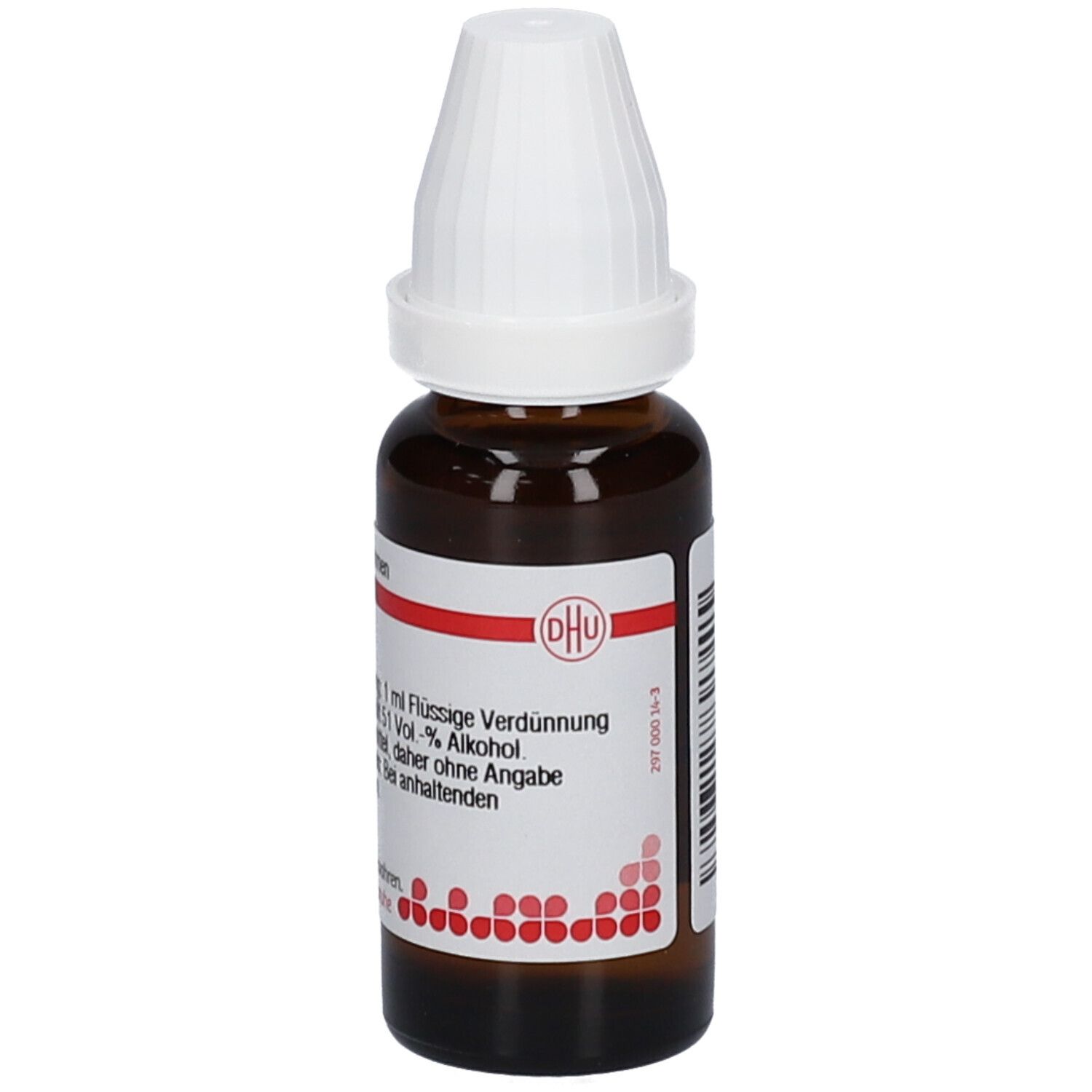 Braune Glasflasche mit weißem Verschluss. Etikett mit Text: DHU, Stramonium D4. 20 ml Flüssige Verdünnung.