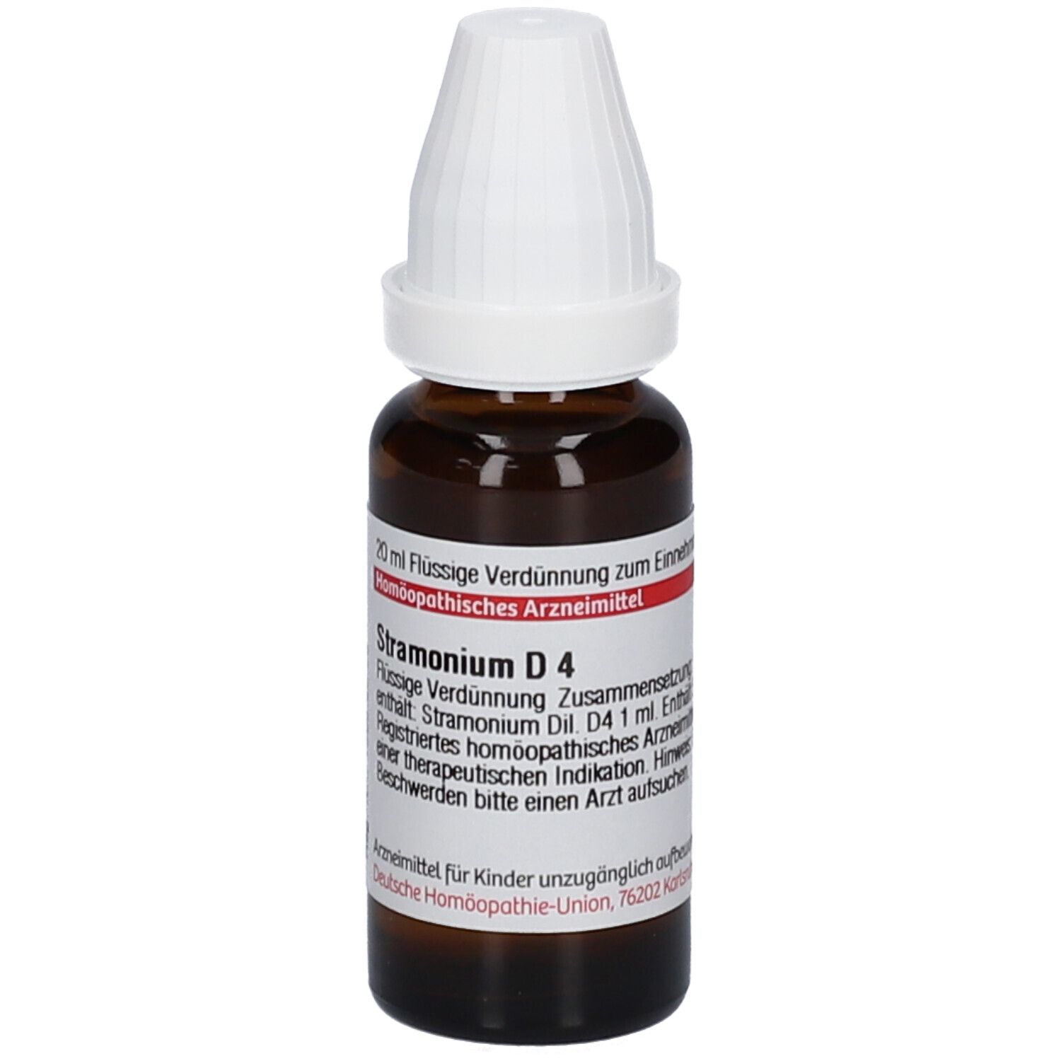 Braune Glasflasche mit weißem Verschluss. Etikett mit Text: Stramonium D4. 20 ml Flüssige Verdünnung.