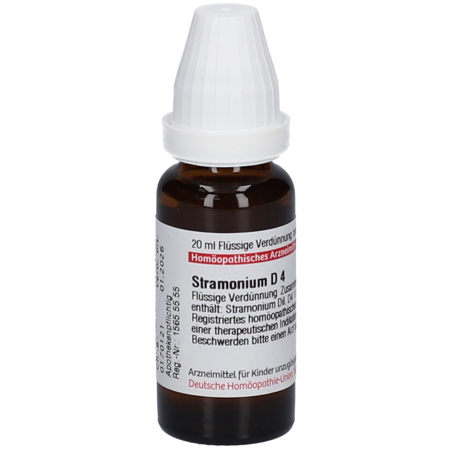 Braune Glasflasche mit weißem Verschluss. Etikett mit Text: Stramonium D4. 20 ml Flüssige Verdünnung.