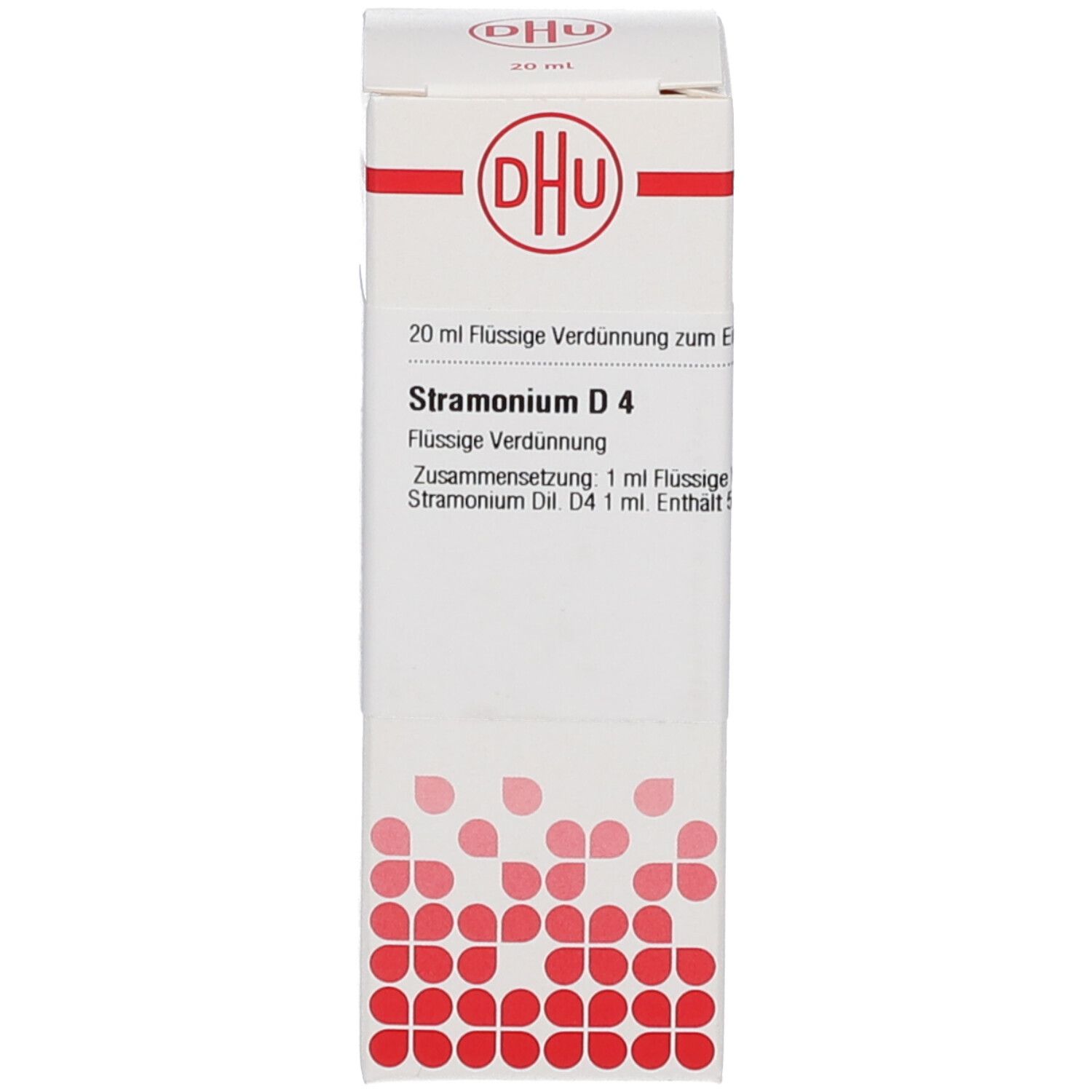 Weiße Umverpackung mit Text: DHU, Stramonium D4. 20 ml Flüssige Verdünnung. Braune Glasflasche.