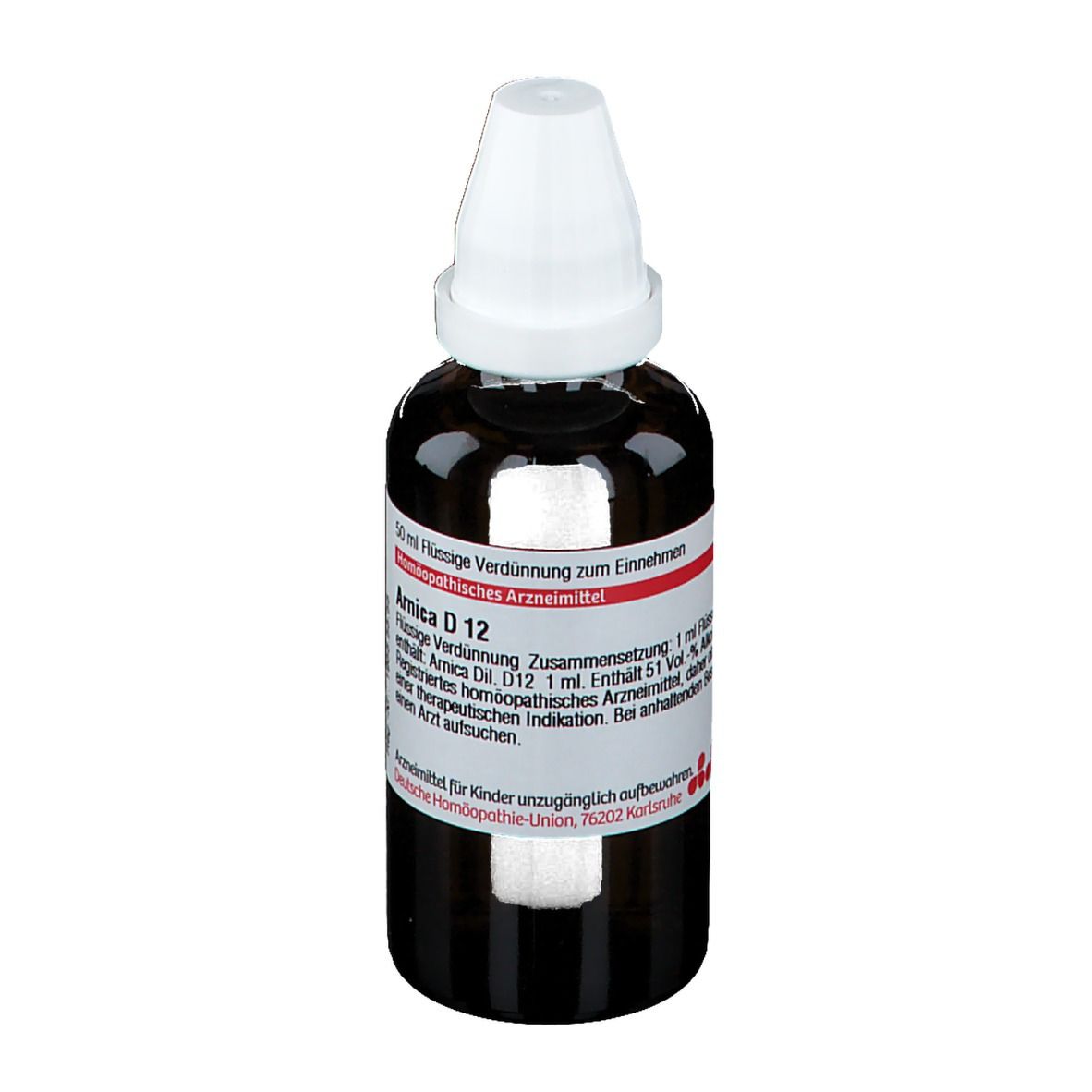 Braune Glasflasche mit weißem Verschluss. Etikett mit Produktinformationen: Arnica D12, 50 ml flüssige Verdünnung.