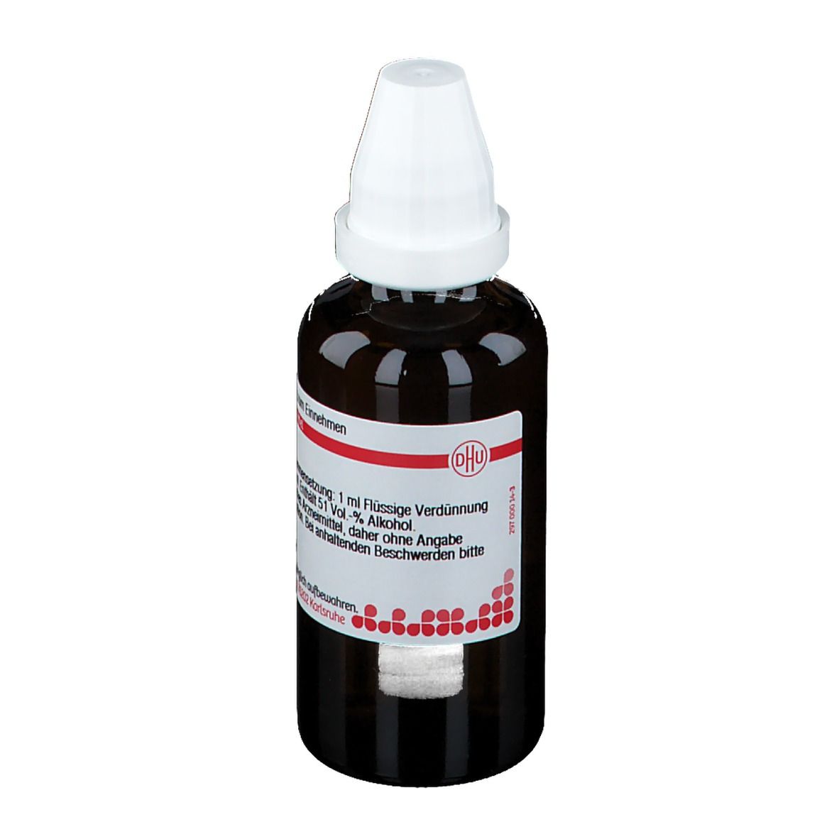 Braune Glasflasche mit weißem Verschluss. Etikett mit Produktinformationen und DHU-Logo.