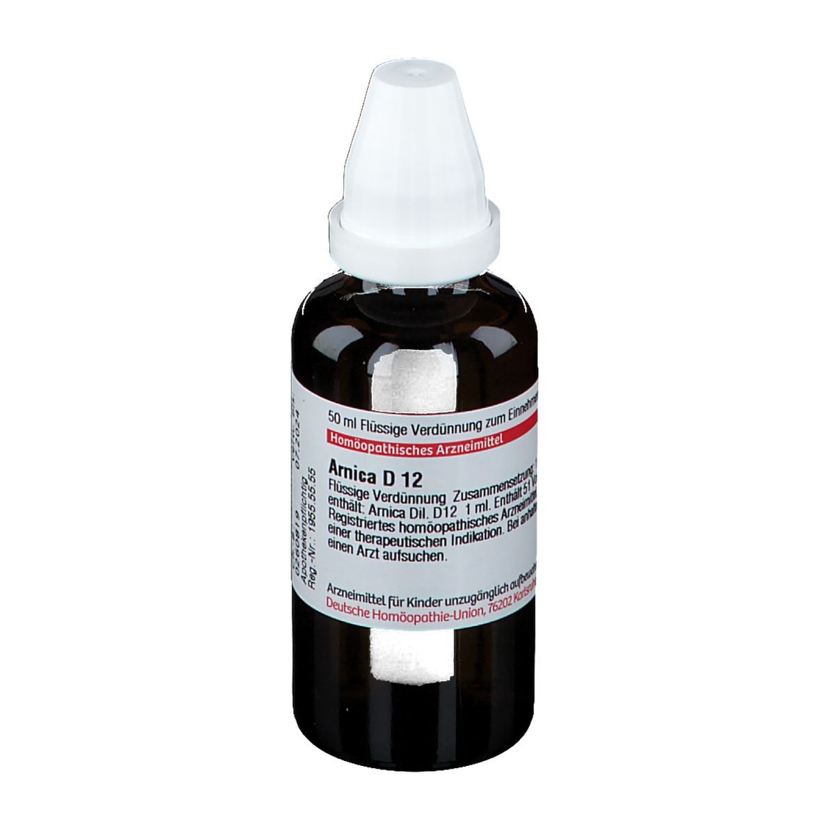 Braune Glasflasche mit weißem Verschluss. Etikett mit Produktinformationen: Arnica D12, 50 ml.