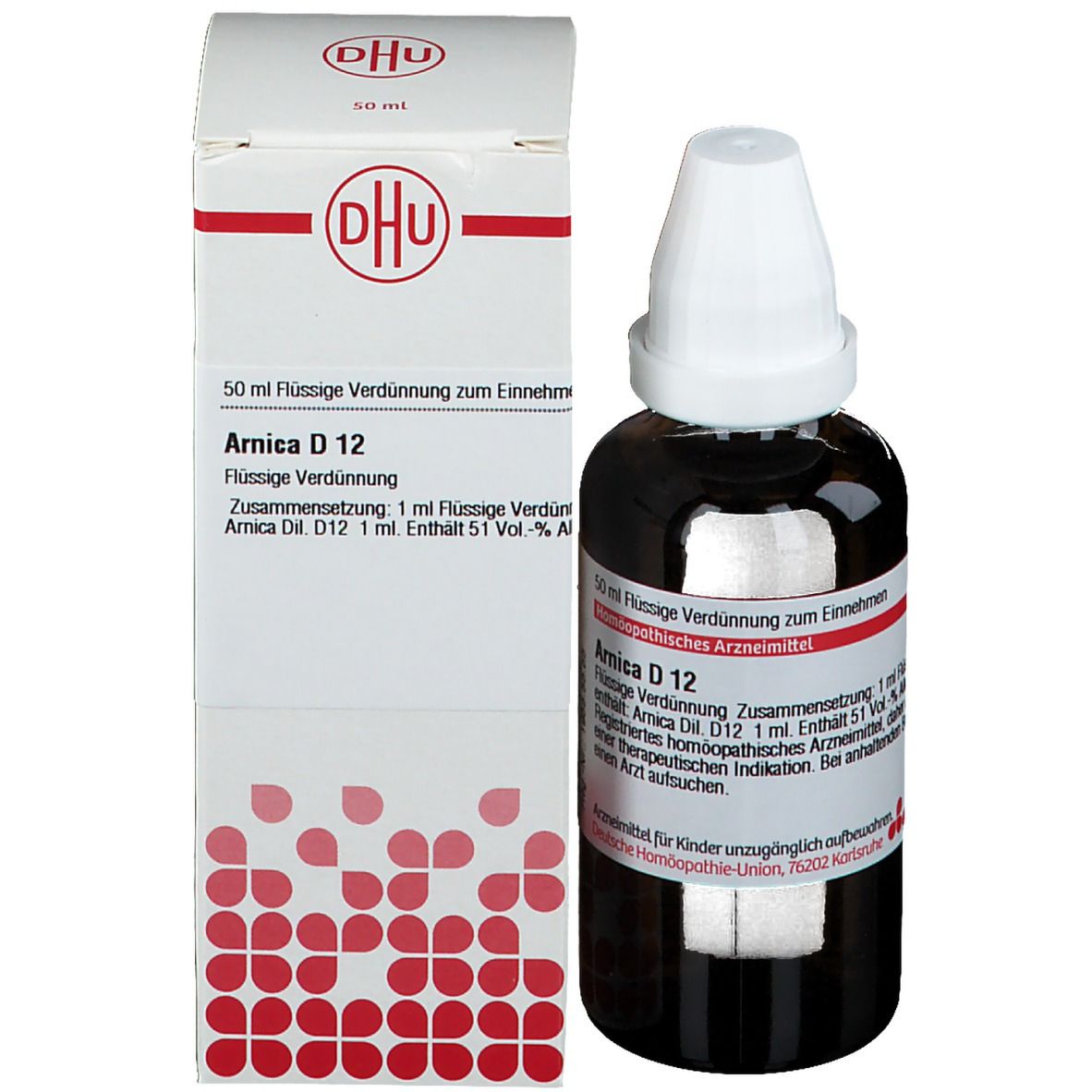 Braune Glasflasche mit weißem Verschluss und Kartonverpackung. Auf der Verpackung: DHU-Logo und Produktname.