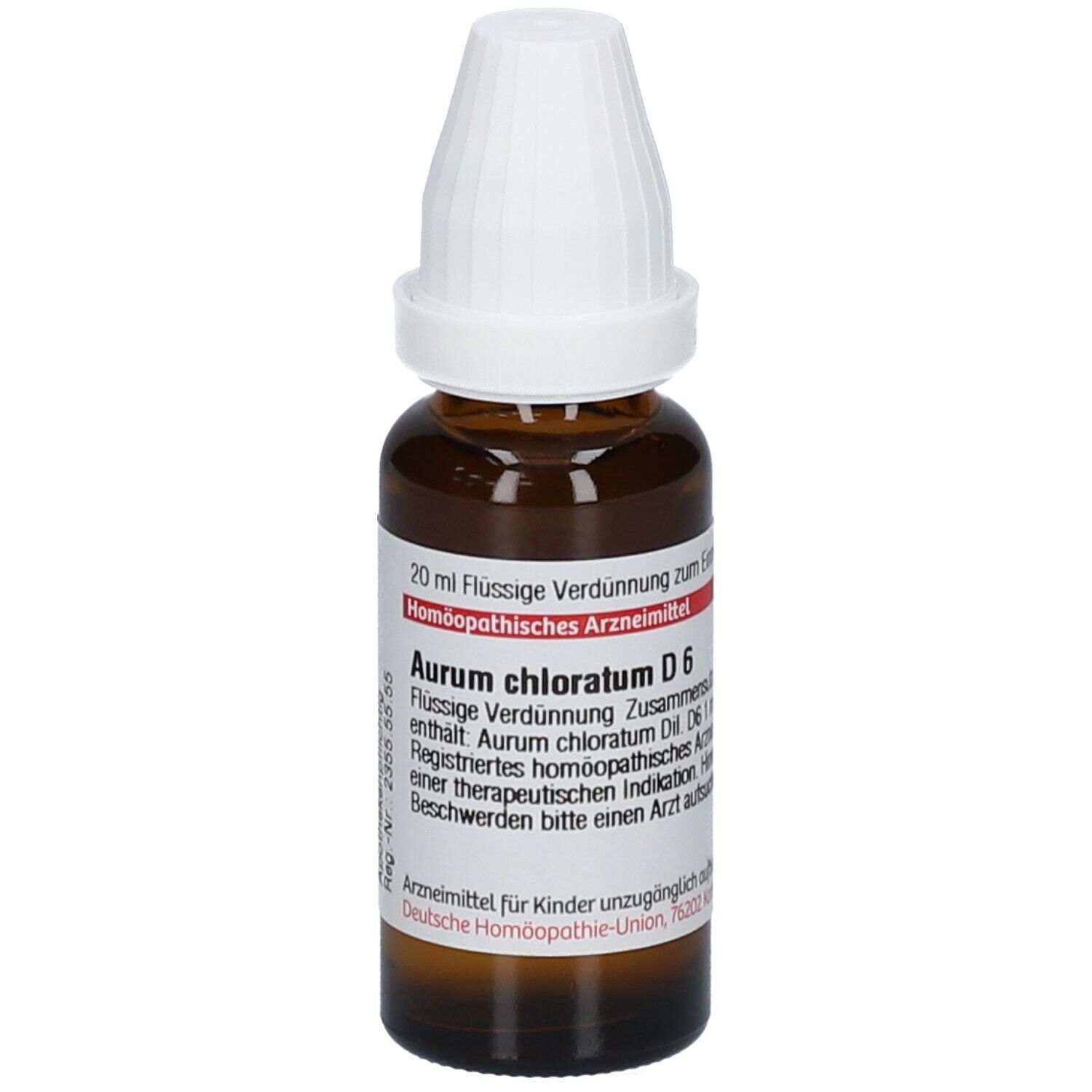 Braune Glasflasche mit weißem Deckel. Etikett mit Produktinformationen: Aurum chloratum D6, 20 ml.