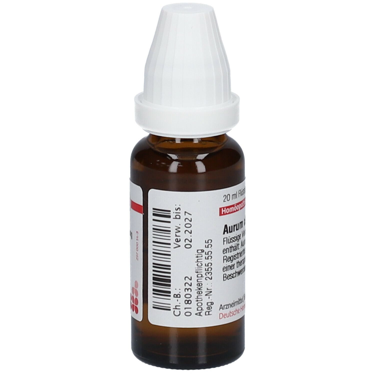 Braune Glasflasche mit weißem Deckel. Etikett mit Produktinformationen und Barcode. Aurum chloratum D6, 20 ml.