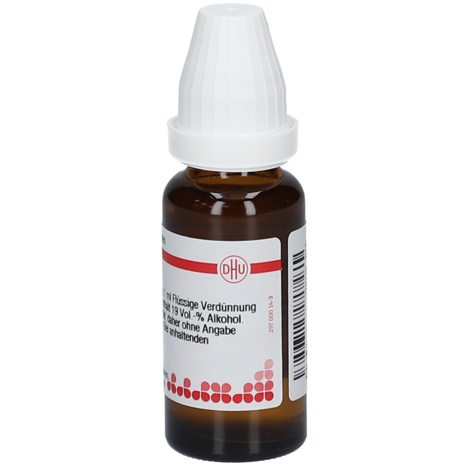 Braune Glasflasche mit weißem Deckel. Etikett mit Produktinformationen und DHU-Logo. Aurum chloratum D6, 20 ml.