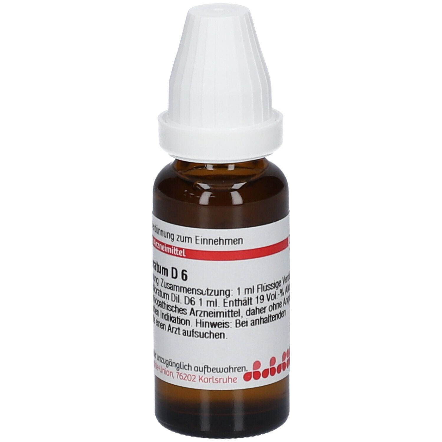 Braune Glasflasche mit weißem Deckel. Etikett mit Produktinformationen. Aurum chloratum D6, 20 ml.