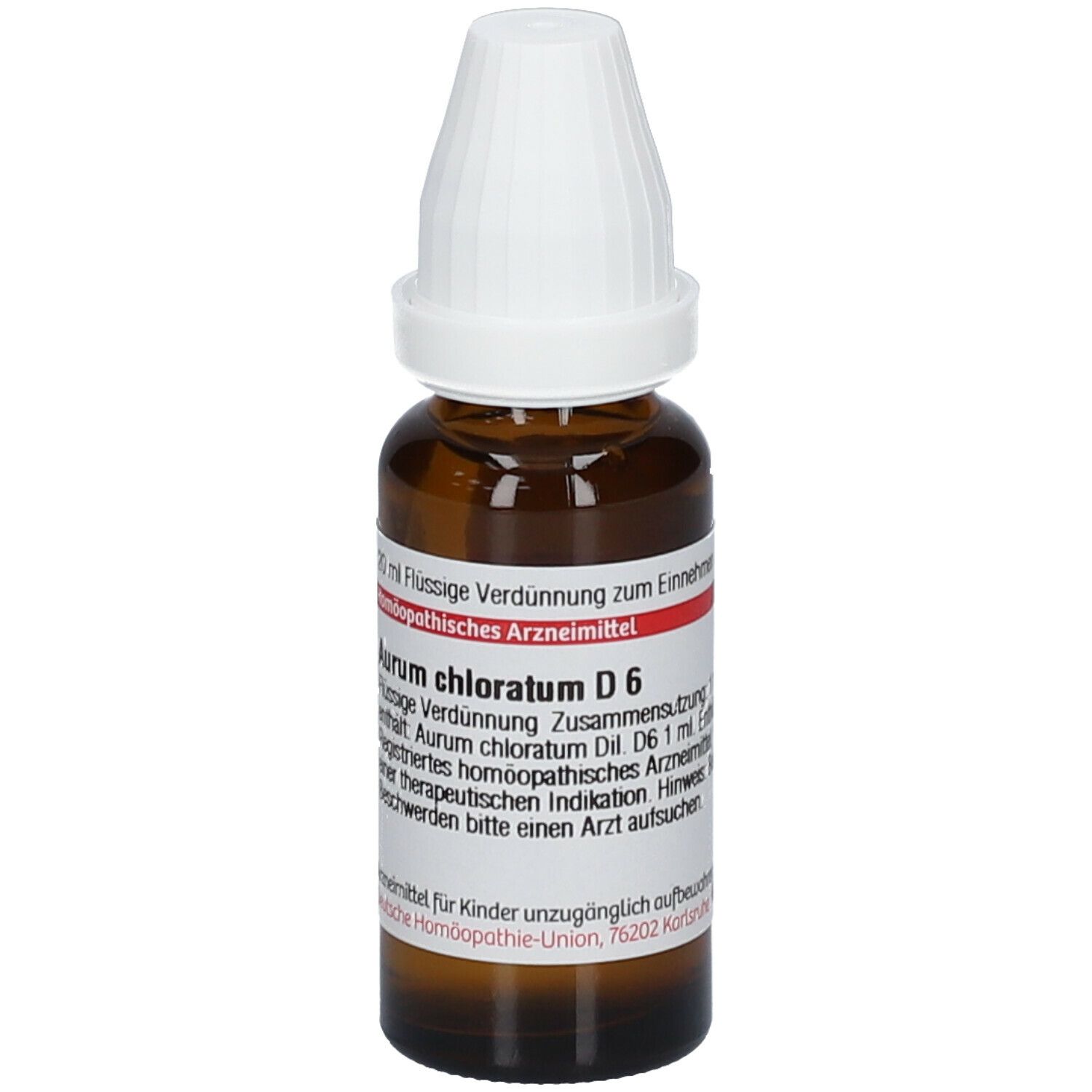 Braune Glasflasche mit weißem Deckel. Etikett mit Produktinformationen. Aurum chloratum D6, 20 ml.