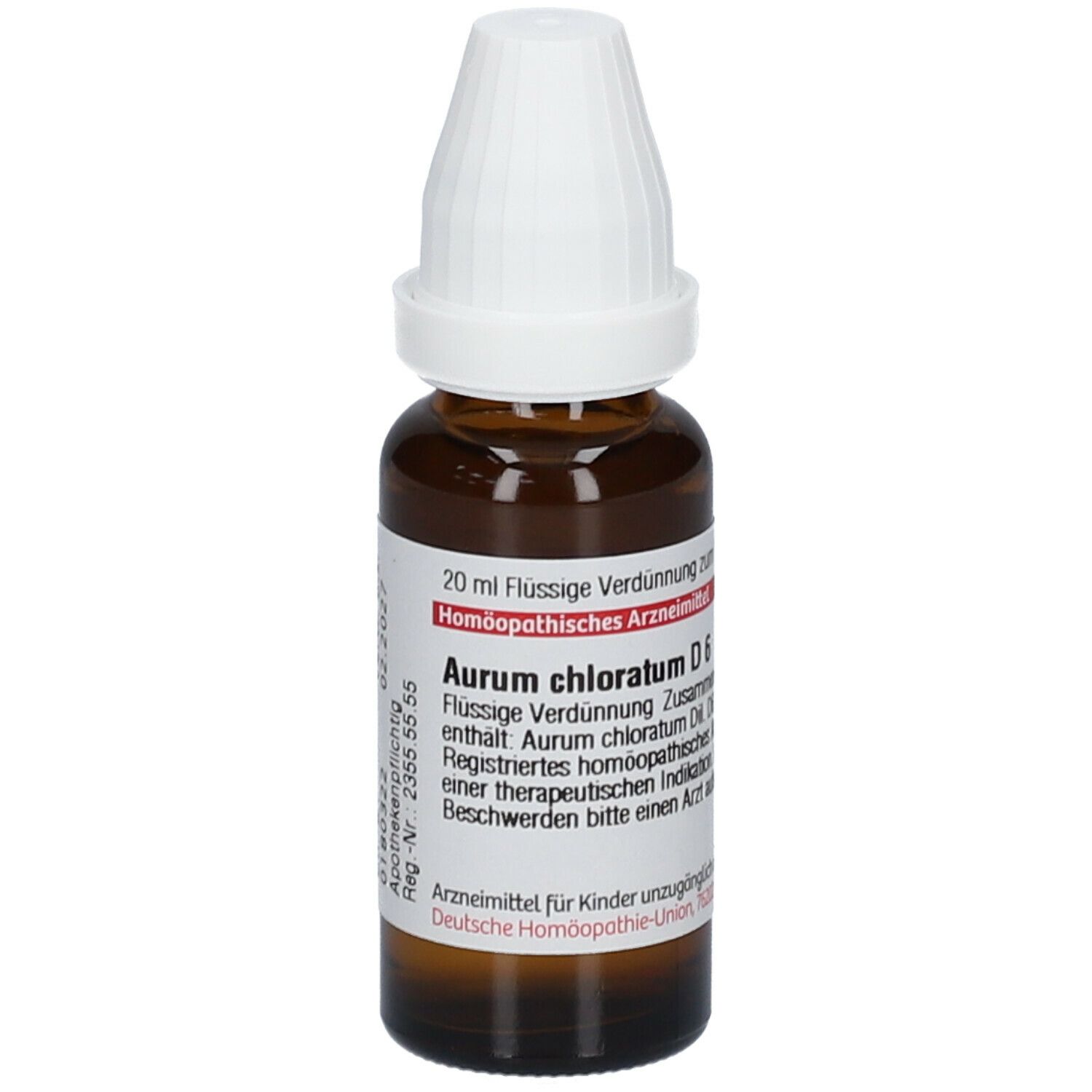 Braune Glasflasche mit weißem Deckel. Etikett mit Produktinformationen. Aurum chloratum D6, 20 ml.