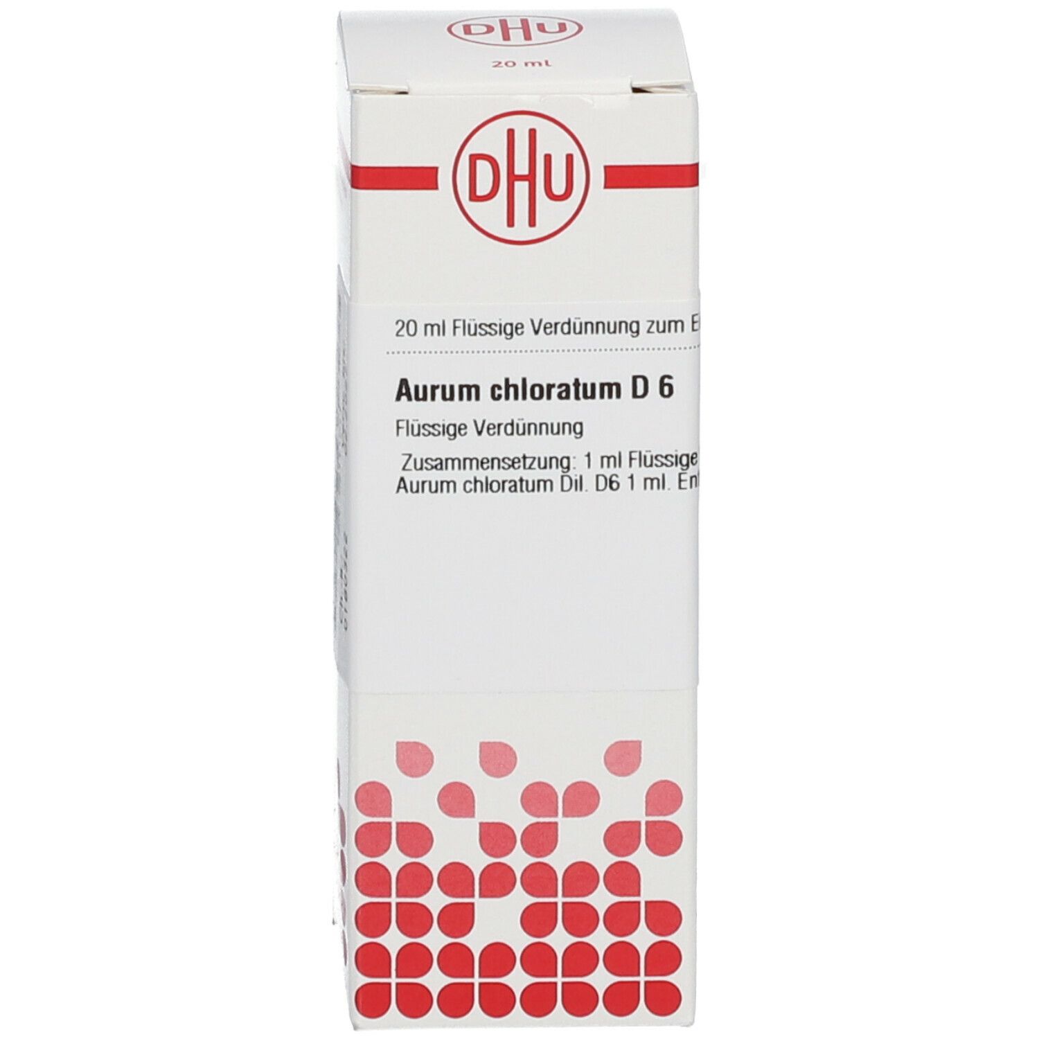 Weiße Verpackung mit DHU-Logo. Produktname: Aurum chloratum D6, 20 ml. Flasche nicht im Bild.