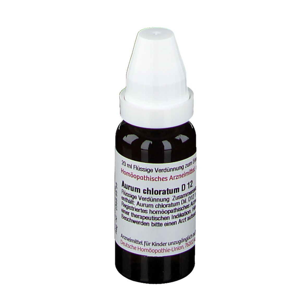 Braune Glasflasche mit weißem Deckel. Beschriftung: Aurum chloratum D 12, 20 ml Flüssige Verdünnung. Deutsche Homöopathie-Union.
