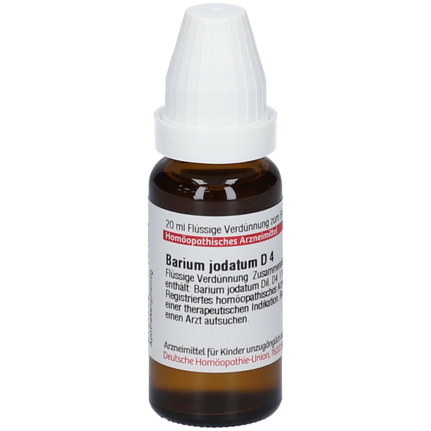 Braune Glasflasche mit weißem Verschluss. Beschriftung: Barium jodatum D4, 20 ml flüssige Verdünnung.