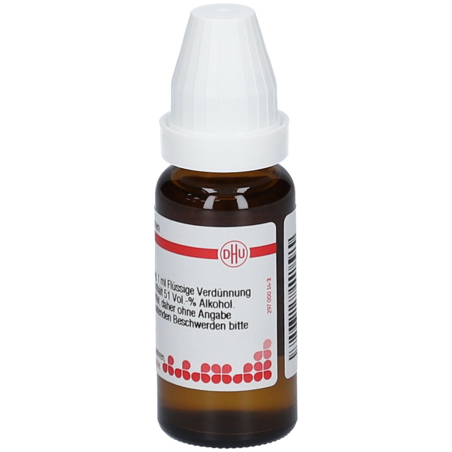 Braune Glasflasche mit weißem Verschluss. Beschriftung: DHU, Barium jodatum D4, 1 ml flüssige Verdünnung.