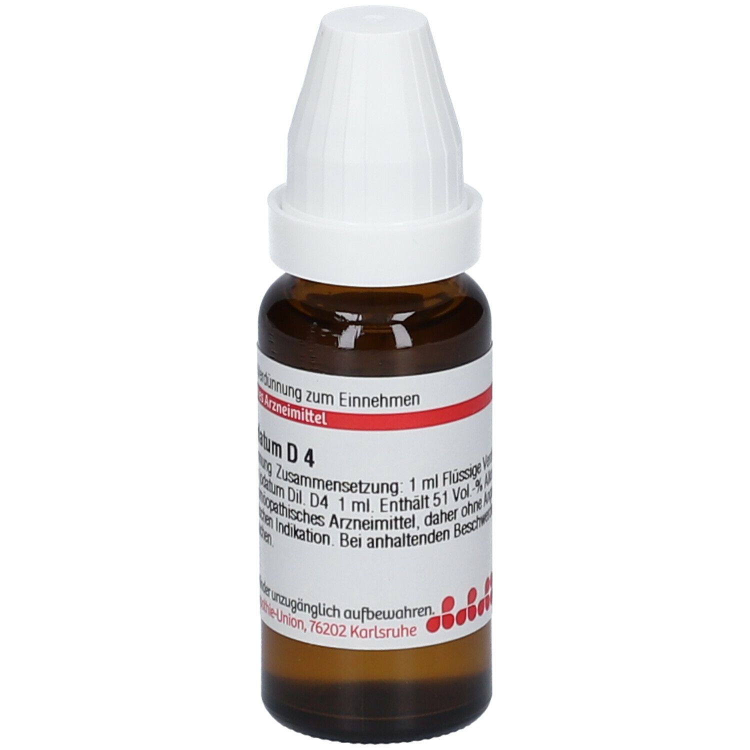 Braune Glasflasche mit weißem Verschluss. Beschriftung: Barium jodatum D4, 1 ml flüssige Verdünnung.