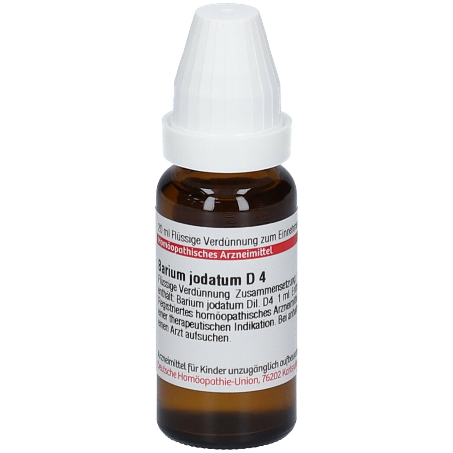 Braune Glasflasche mit weißem Verschluss. Beschriftung: Barium jodatum D4, 20 ml flüssige Verdünnung.