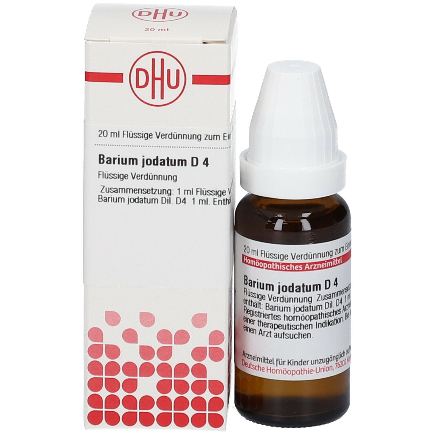 Braune Glasflasche mit weißem Verschluss und Verpackung. Beschriftung: DHU, Barium jodatum D4, 20 ml.