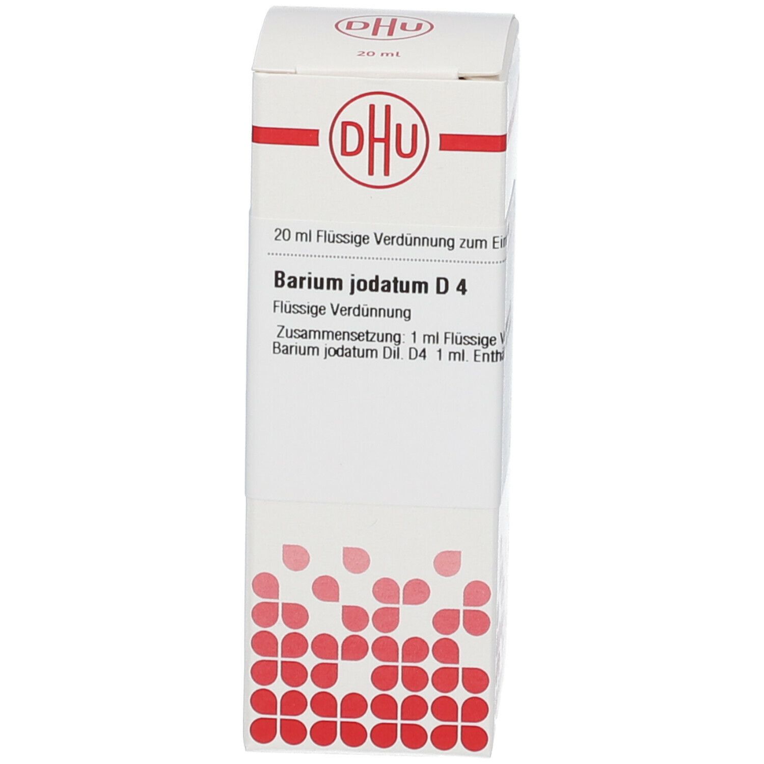 Weiße Verpackung mit rotem DHU-Logo. Beschriftung: Barium jodatum D4, 20 ml flüssige Verdünnung.