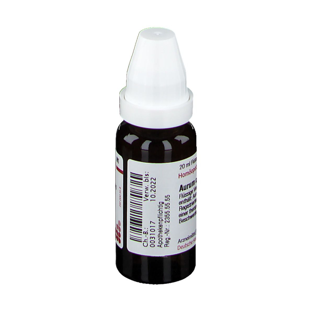 Braune Glasflasche mit weißem Deckel. Beschriftung: Aurum chloratum D 12, 20 ml Flüssige Verdünnung. Deutsche Homöopathie-Union.