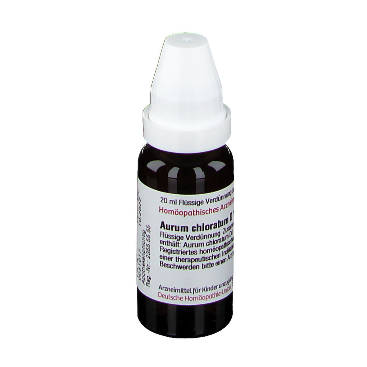 Braune Glasflasche mit weißem Deckel. Beschriftung: Aurum chloratum D 12, 20 ml Flüssige Verdünnung. Deutsche Homöopathie-Union.