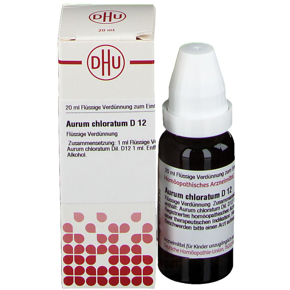 Braune Glasflasche mit weißem Deckel und Karton. Beschriftung: DHU, Aurum chloratum D 12, 20 ml Flüssige Verdünnung. Deutsche Homöopathie-Union.