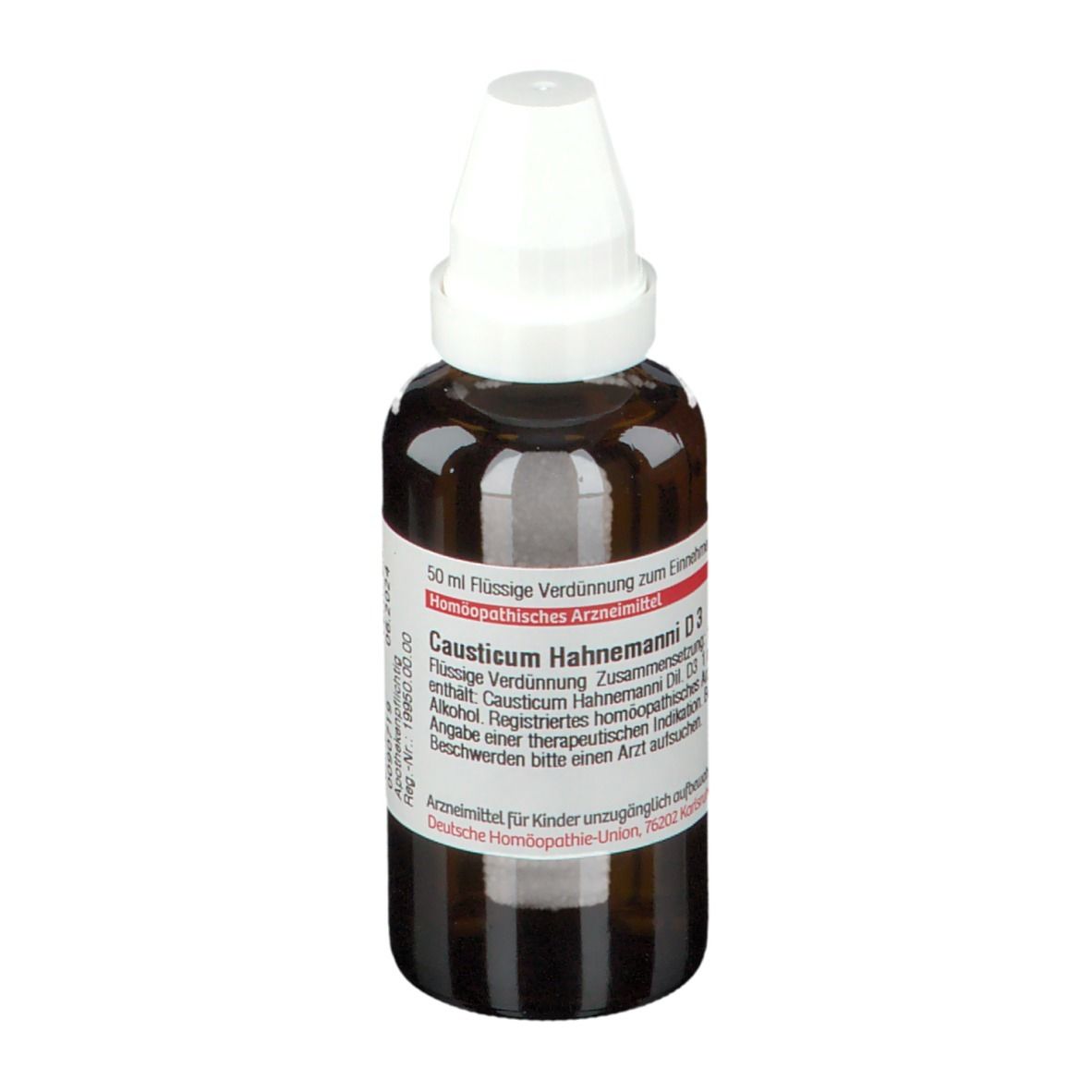 Braune Tropfflasche mit weißem Verschluss. Beschriftung: Causticum Hahnemanni D3, 50 ml. Deutsche Homöopathie-Union.
