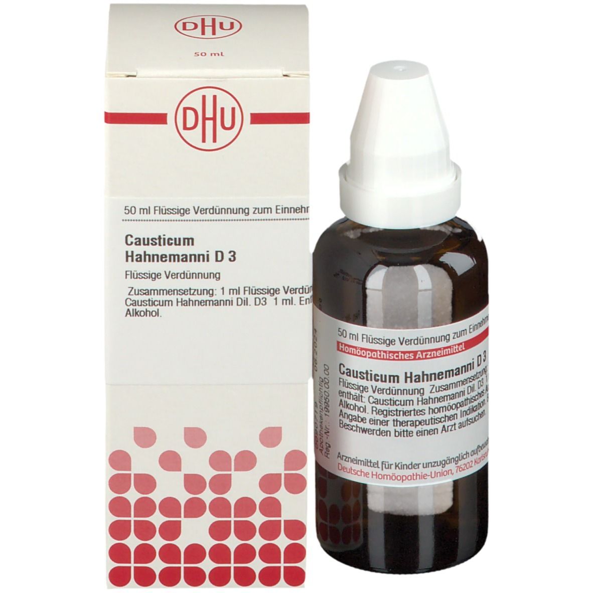 Produktverpackung mit Flasche. Aufschrift: DHU, Causticum Hahnemanni D3, 50 ml. Deutsche Homöopathie-Union.