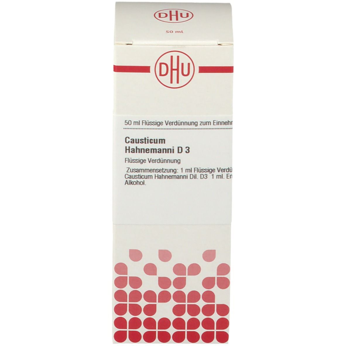 Produktverpackung. Aufschrift: DHU, Causticum Hahnemanni D3, 50 ml. Deutsche Homöopathie-Union.