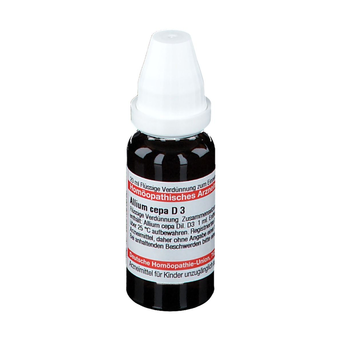 Braune Glasflasche mit weißem Verschluss. Beschriftung: Allium cepa D3, Homöopathisches Arzneimittel.