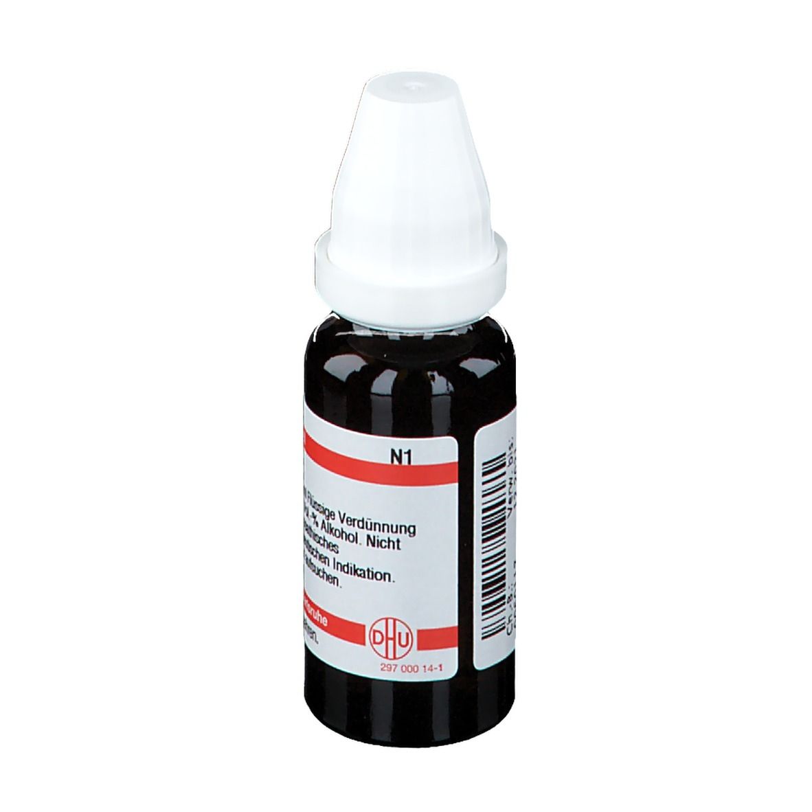 Braune Glasflasche mit weißem Verschluss. Beschriftung: N1. Deutsche Homöopathie-Union. Barcode.