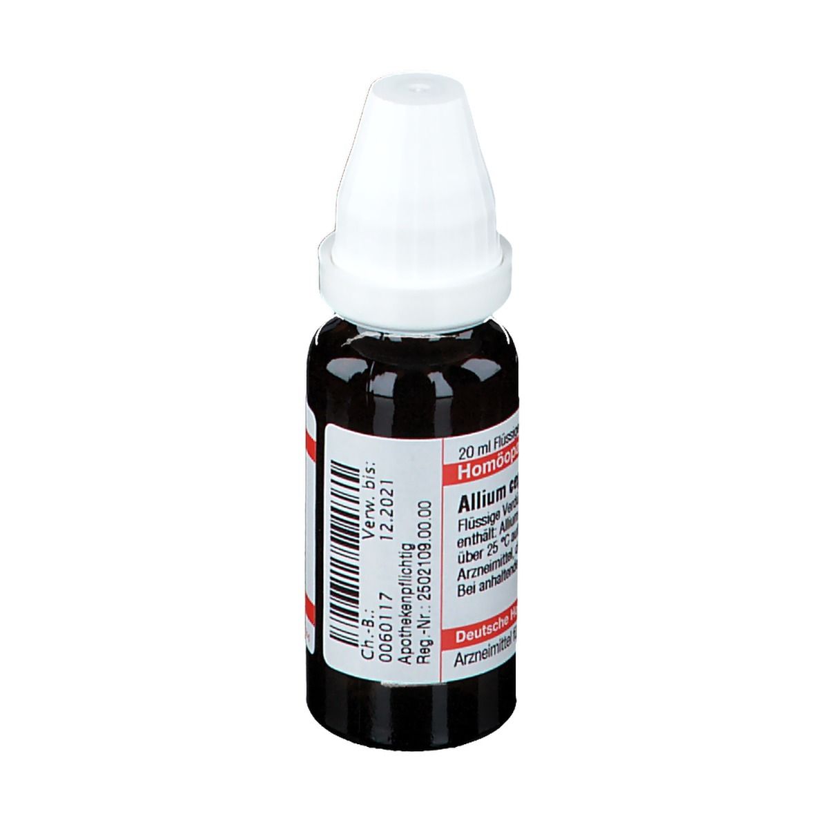 Braune Glasflasche mit weißem Verschluss. Beschriftung: 20 ml Flüssige Verdünnung. Apothekenpflichtig. Verwendbar bis 12.2021.