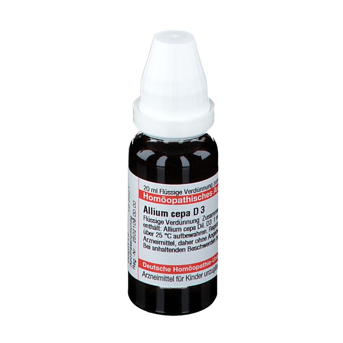 Braune Glasflasche mit weißem Verschluss. Beschriftung: Allium cepa D3, Homöopathisches Arzneimittel. Deutsche Homöopathie-Union.