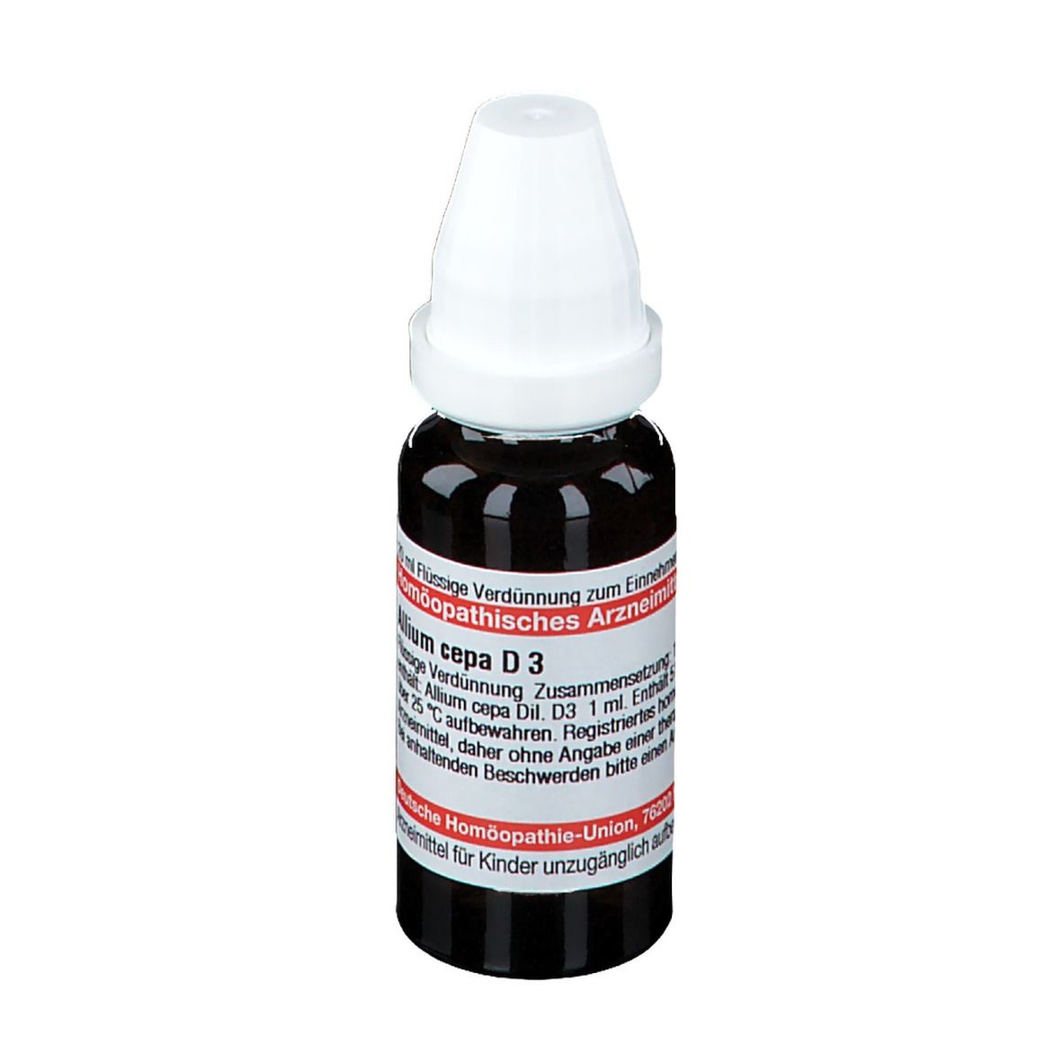 Braune Glasflasche mit weißem Verschluss. Beschriftung: Allium cepa D3, Homöopathisches Arzneimittel. Deutsche Homöopathie-Union.
