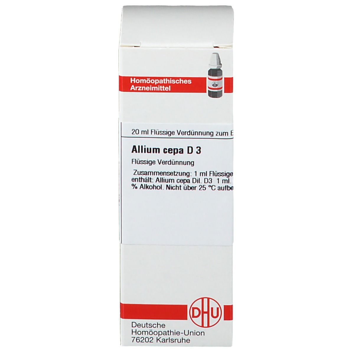 Produktverpackung. Beschriftung: Allium cepa D3, Homöopathisches Arzneimittel. Deutsche Homöopathie-Union. DHU Logo.