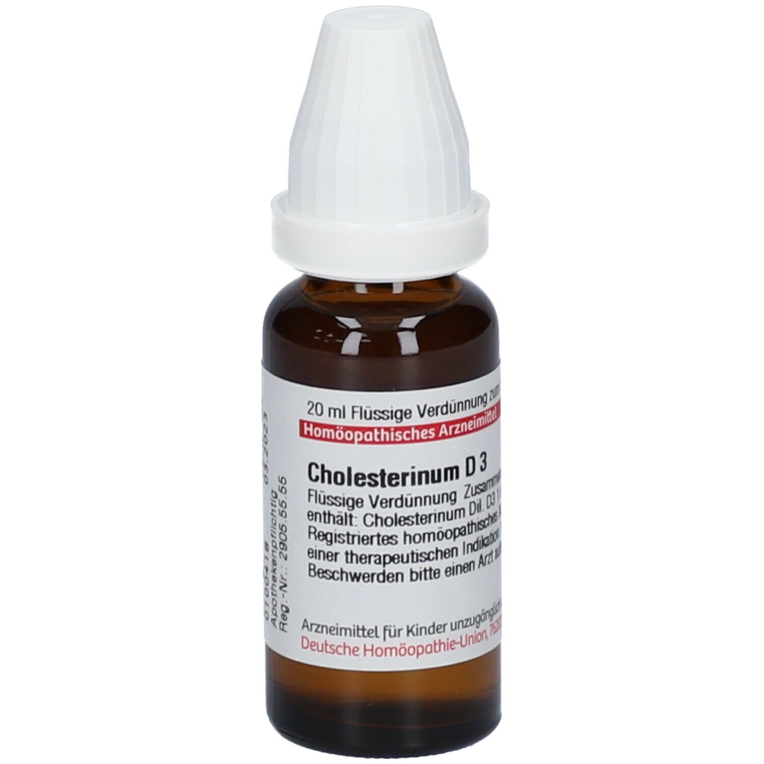 Braune Glasflasche mit weißem Verschluss. Etikett mit Text: Cholesterinum D3, 20 ml flüssige Verdünnung. Deutsche Homöopathie-Union.