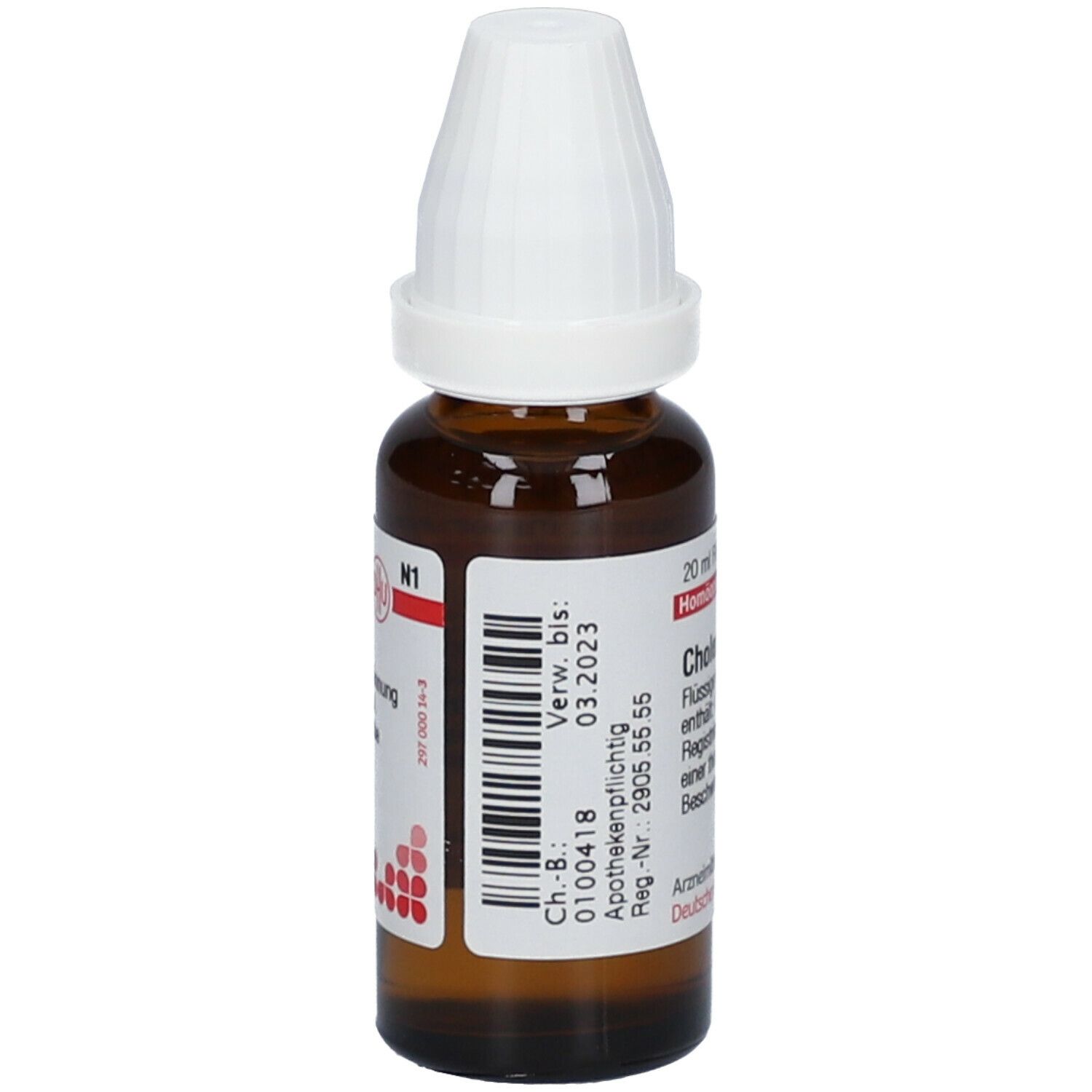Braune Glasflasche mit weißem Verschluss. Etikett mit Text: Cholesterinum D3, 20 ml flüssige Verdünnung. Apothekenpflichtig. Verwendbar bis 03.2023.