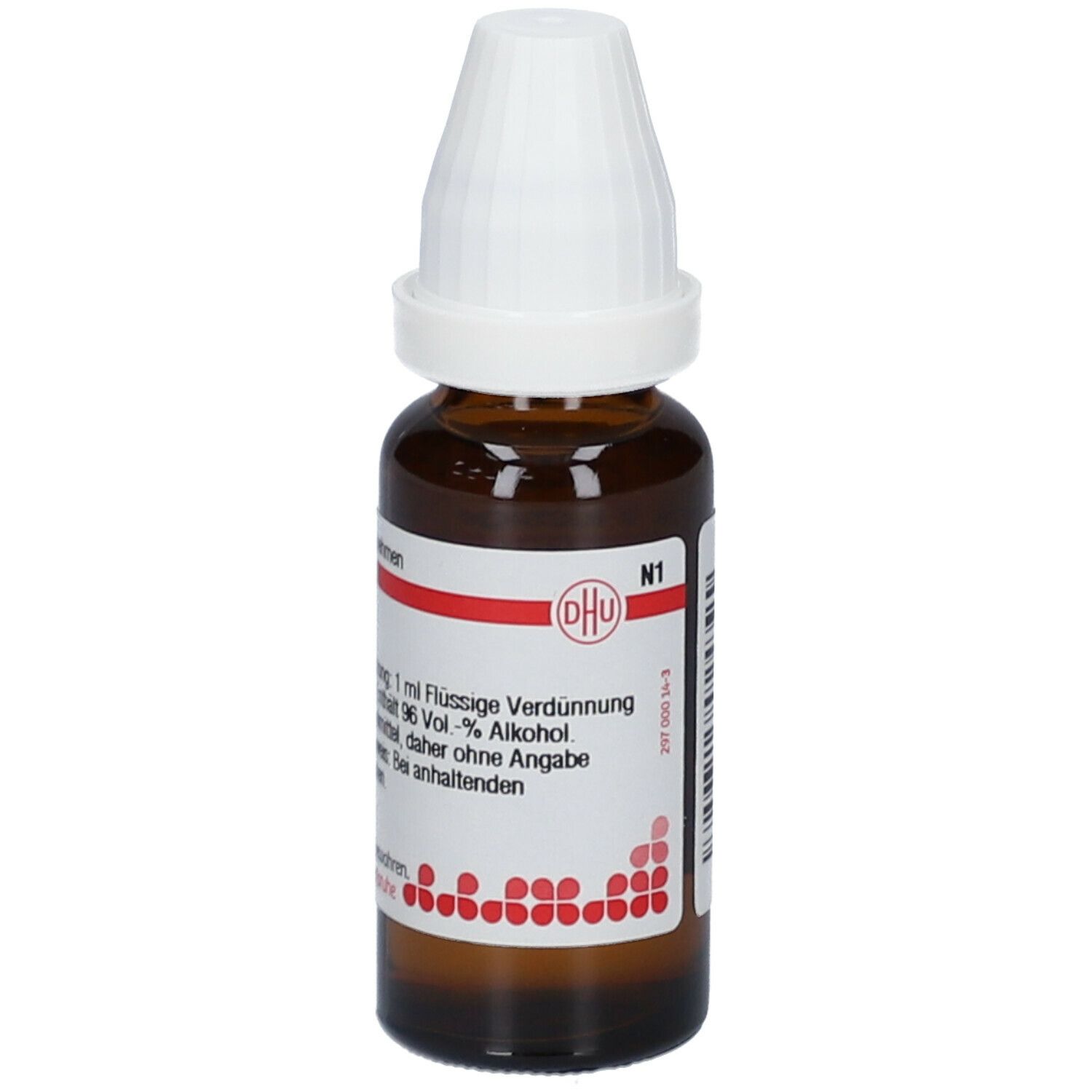 Braune Glasflasche mit weißem Verschluss. Etikett mit Text: Cholesterinum D3, 1 ml flüssige Verdünnung. Enthält 96 Vol.-% Alkohol. DHU Logo.