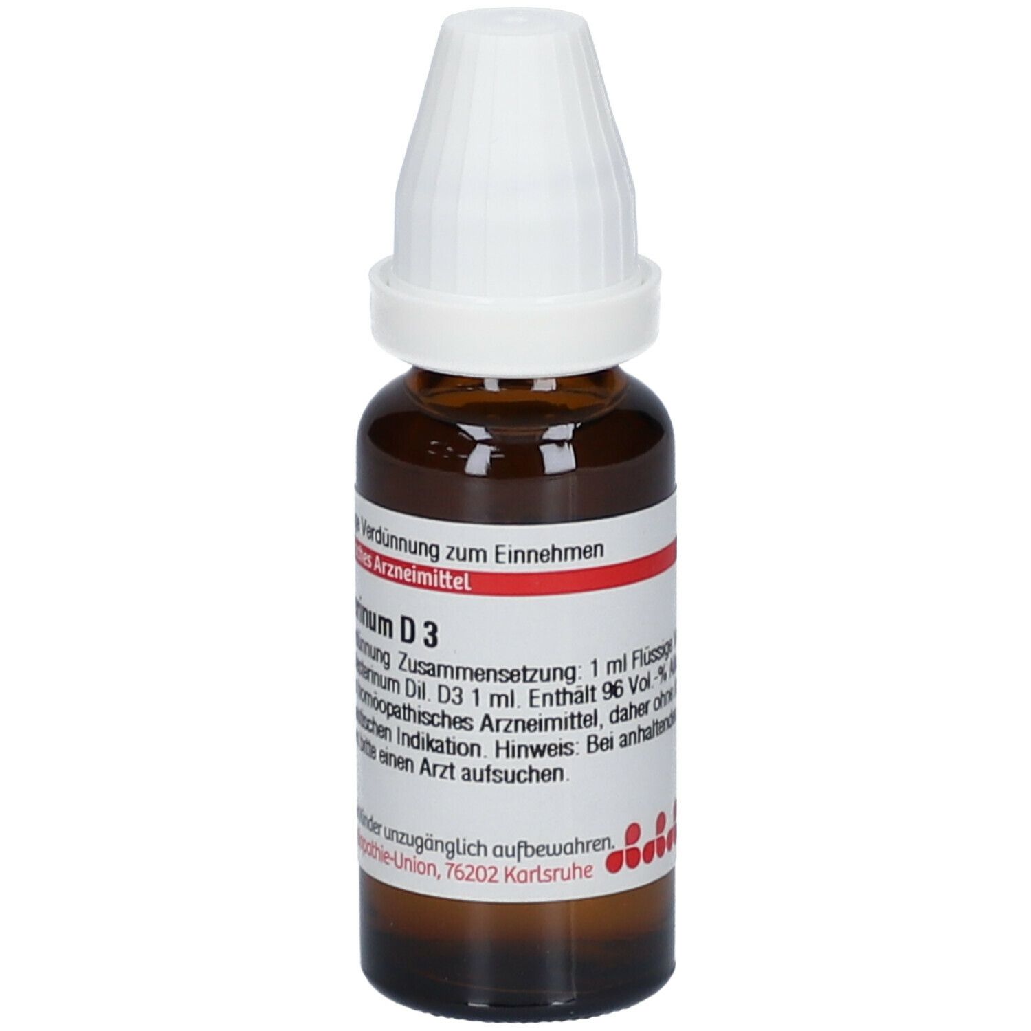 Braune Glasflasche mit weißem Verschluss. Etikett mit Text: Cholesterinum D3, 1 ml flüssige Verdünnung. Für Kinder unzugänglich aufbewahren.