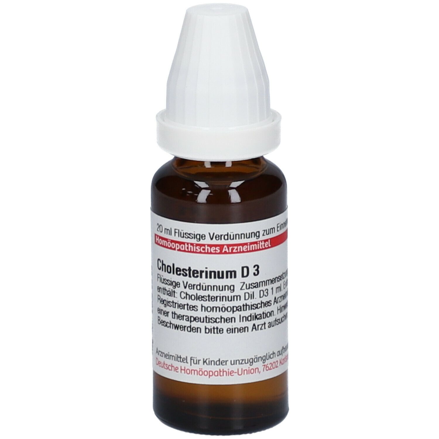 Braune Glasflasche mit weißem Verschluss. Etikett mit Text: Cholesterinum D3, 20 ml flüssige Verdünnung. Homöopathisches Arzneimittel.