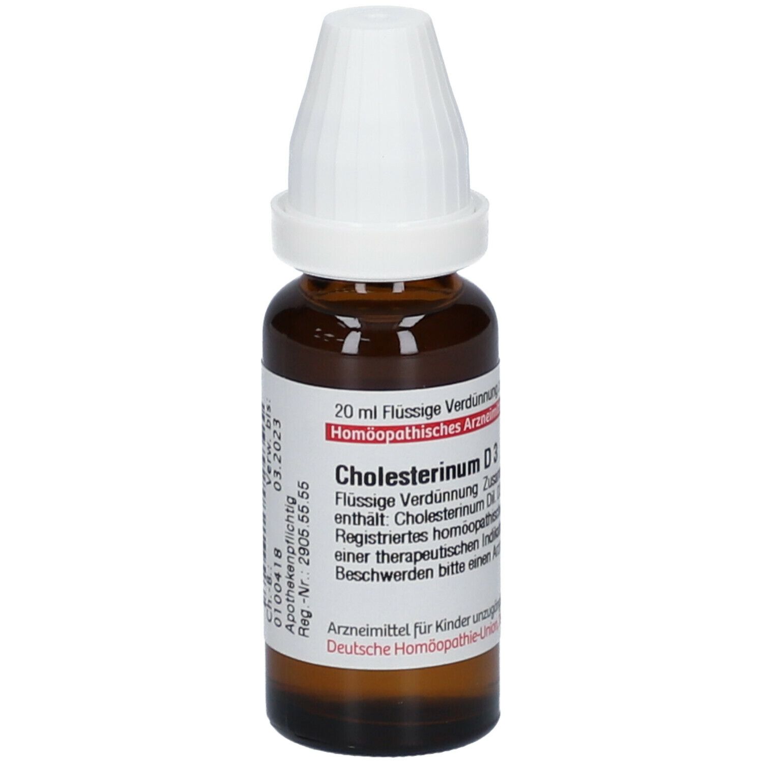 Braune Glasflasche mit weißem Verschluss. Etikett mit Text: Cholesterinum D3, 20 ml flüssige Verdünnung. Verwendbar bis 03.2023.