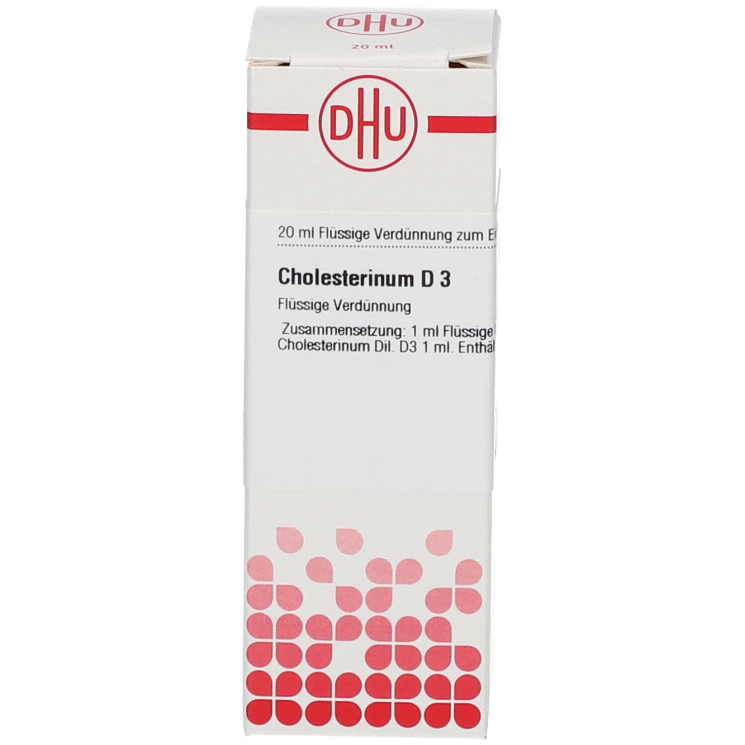 Weiße Schachtel mit DHU Logo und Text: Cholesterinum D3, 20 ml flüssige Verdünnung. Auf der Schachtel rote Punkte.