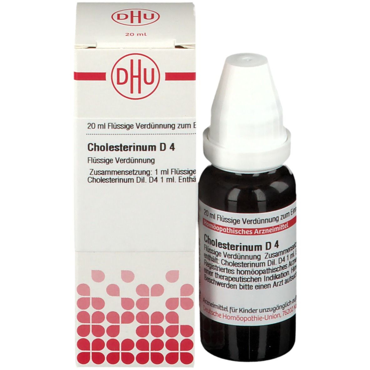 Tropfflasche und Schachtel. Beschriftung: DHU, Cholesterinum D4.