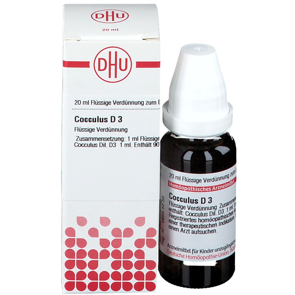 Produktverpackung mit Flasche. Weiße Schachtel mit DHU Logo und Produktinformationen: Cocculus D3, 20 ml Flüssige Verdünnung.