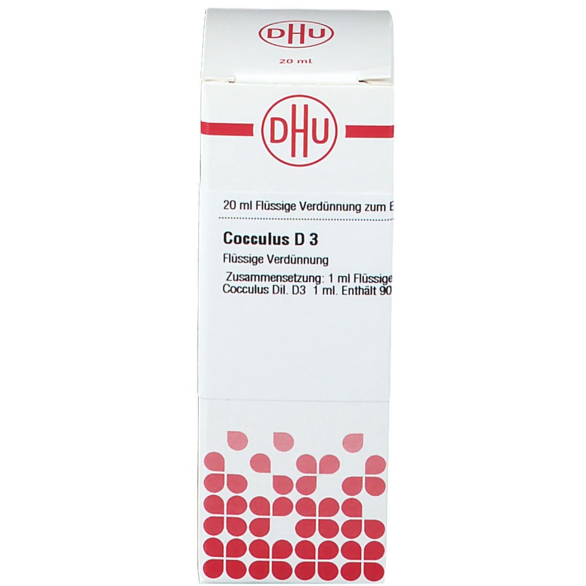 Produktverpackung. Weiße Schachtel mit DHU Logo und Produktinformationen: Cocculus D3, 20 ml Flüssige Verdünnung.