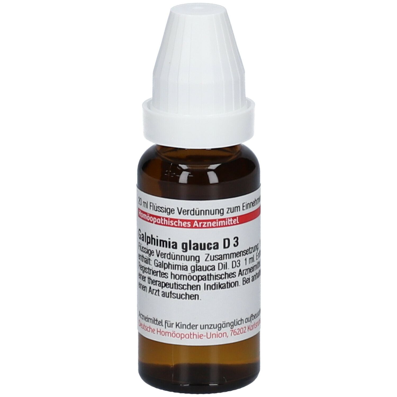 Braune Glasflasche mit weißem Schraubverschluss. Beschriftung: Galphimia glauca D3. Homöopathisches Arzneimittel.
