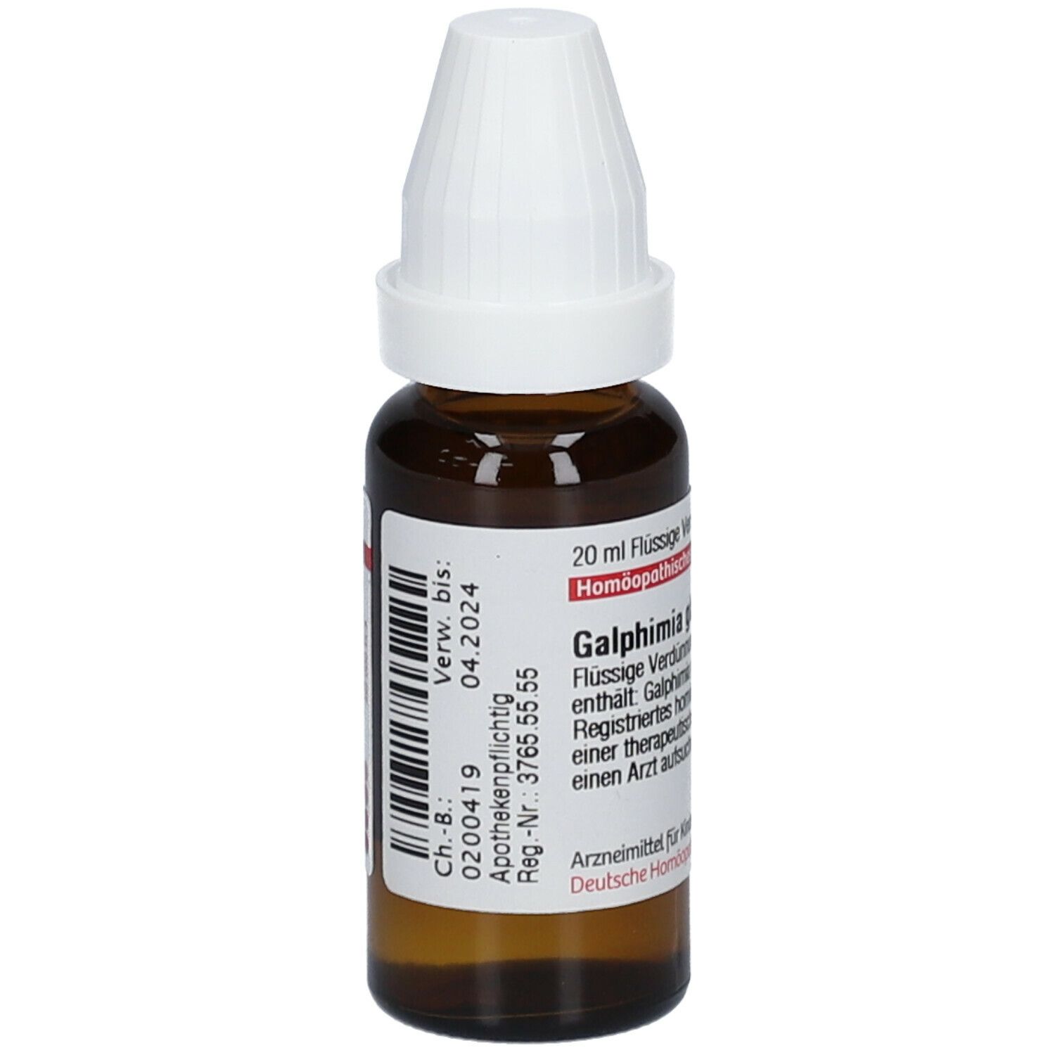 Braune Glasflasche mit weißem Schraubverschluss. Beschriftung: Galphimia glauca D3. Homöopathisches Arzneimittel. Barcode.