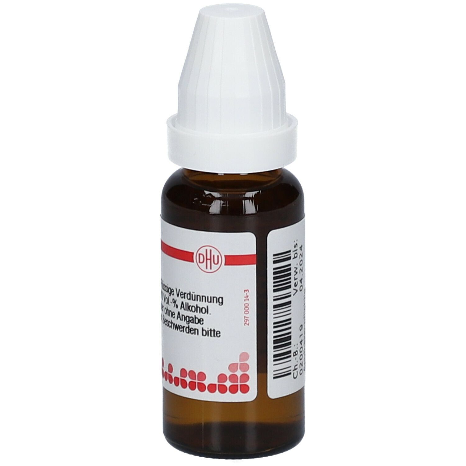 Braune Glasflasche mit weißem Schraubverschluss. Beschriftung: DHU, Galphimia glauca D3. Homöopathisches Arzneimittel. Barcode.