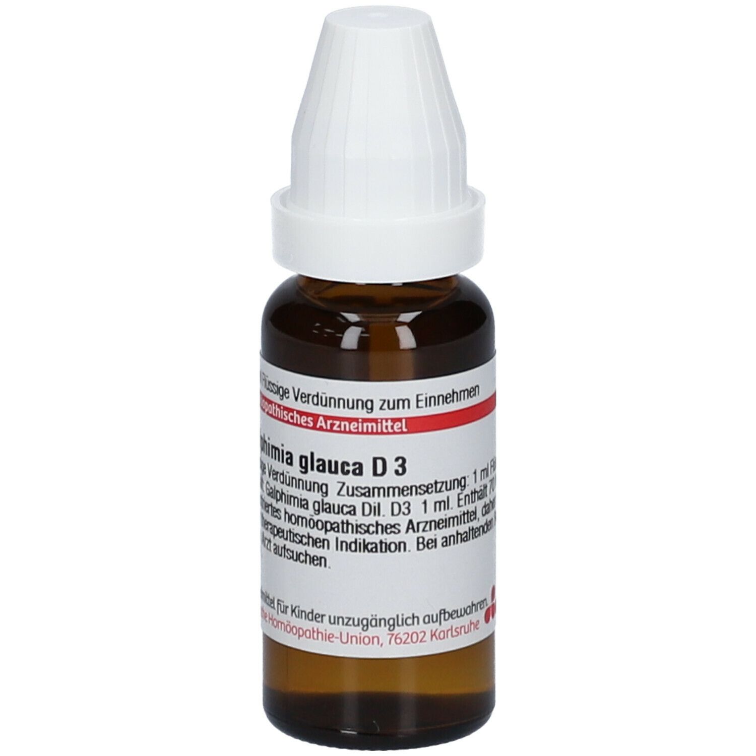 Braune Glasflasche mit weißem Schraubverschluss. Beschriftung: Galphimia glauca D3. Homöopathisches Arzneimittel. Roter Streifen.