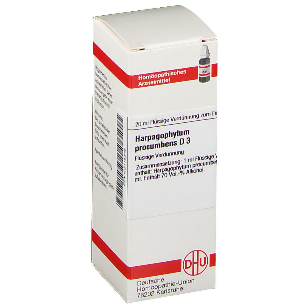 Weiße Faltschachtel mit roter Umrandung. Beschriftung: Harpagophytum procumbens D3, DHU Logo. Homöopathisches Arzneimittel.