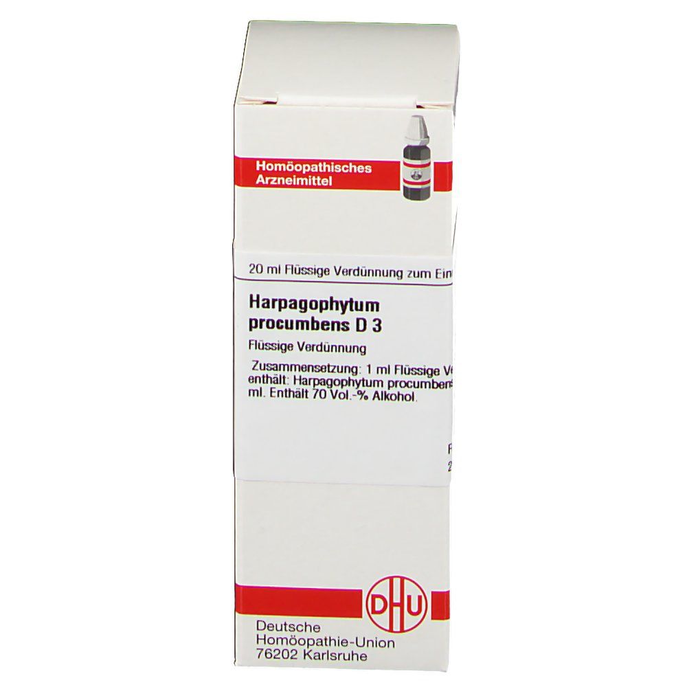 Weiße Faltschachtel mit roter Umrandung. Beschriftung: Harpagophytum procumbens D3, DHU Logo. Homöopathisches Arzneimittel.